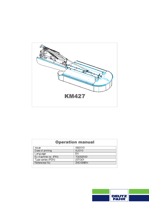 Deutz-Fahr KM 4.27 Mower 2008-2010 Operation Maintenance Manual PDF download