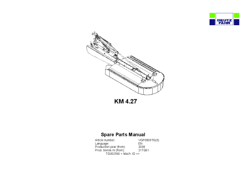 Deutz-Fahr KM 4.27 Mower 2008_21TG01 Parts Manual Catalog Pdf Download