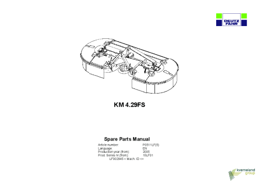 Deutz-Fahr KM 4.29FS Mower 2005 -15LF01 Parts Manual Catalog Pdf Download