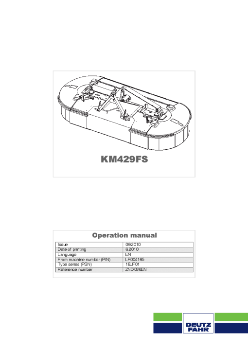 Deutz-Fahr KM 4.29FS Mower 2010 PSN LF004165 Operation Maintenance Manual PDF download