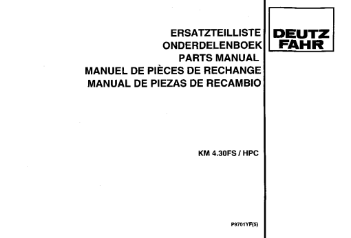 Deutz-Fahr KM 4.30FS - HPC Mower 1997 Parts Manual Catalog Pdf Download