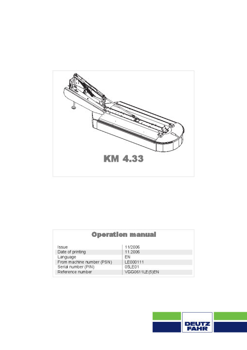 Deutz-Fahr KM 4.33 Mower 2006 Operation Maintenance Manual PDF download