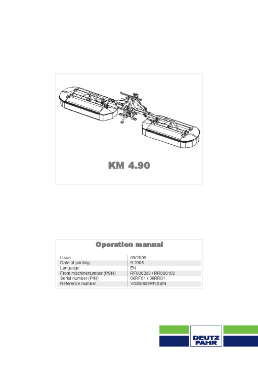 Deutz-Fahr KM 4.90 Mower 2006-2007 Operation Maintenance Manual PDF download
