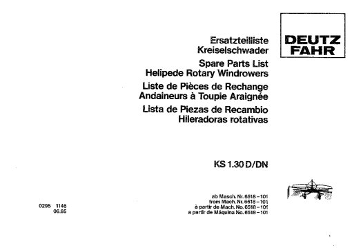Deutz-Fahr KS 1.30 D-DN Rakes 1985 Parts Manual Catalog Pdf Download