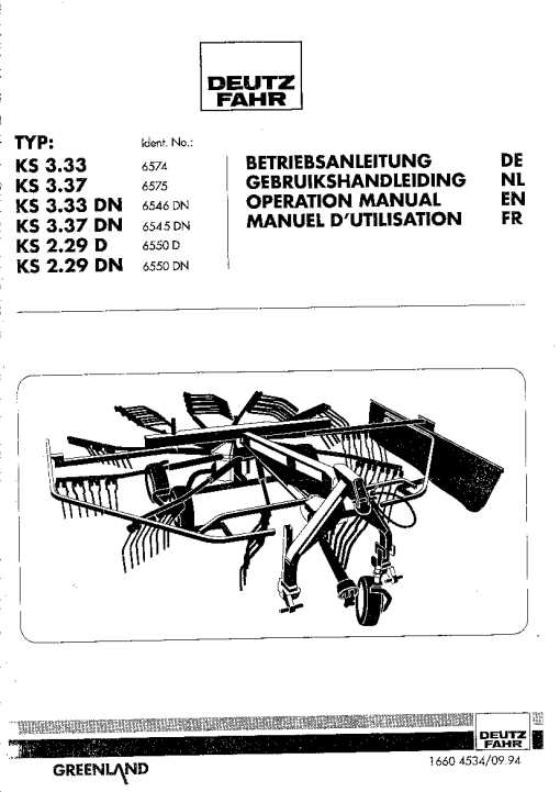 Deutz-Fahr KS 3.33-DN 3.37 -DN 2.29 D 2.29 DN Rakes 1994 Operation Maintenance Manual PDF download