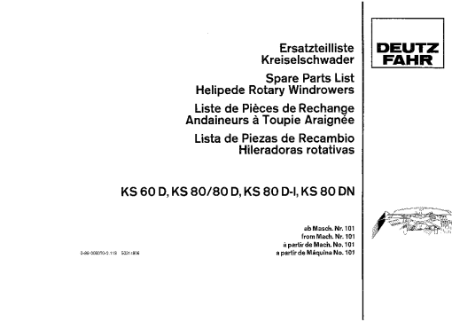 Deutz-Fahr KS 60D KS 80-D KS 80DI KS 80DN Rakes Parts Manual Catalog Pdf Download