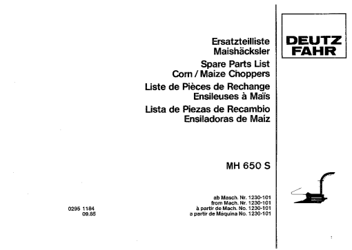 Deutz-Fahr MH 650 Ersatzteilenlist Maize choppers 1985 Parts Manual Catalog Pdf Download