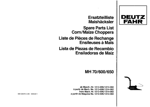 Deutz-Fahr MH 70 600 650 Ersatzteilenlist Parts Manual Catalog Pdf Download