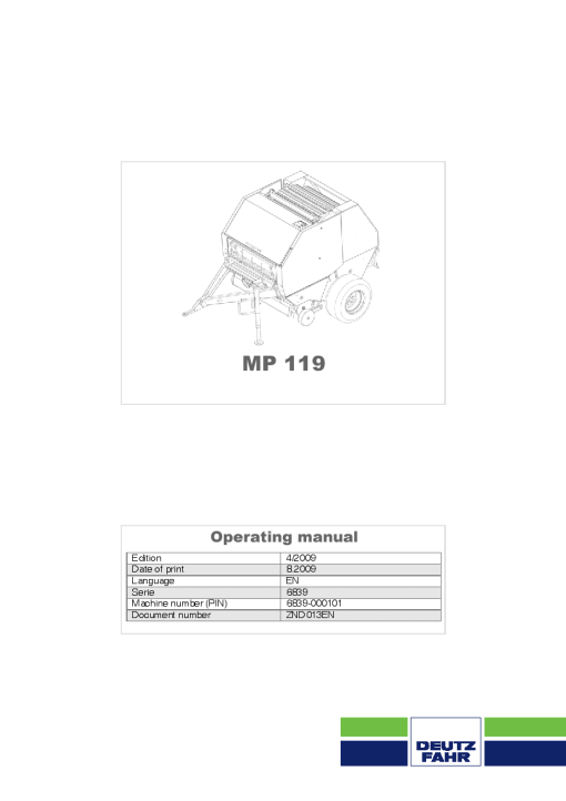 Deutz-Fahr MP 119 Balers Round Fixed chamber 2009 Operation Maintenance Manual PDF download
