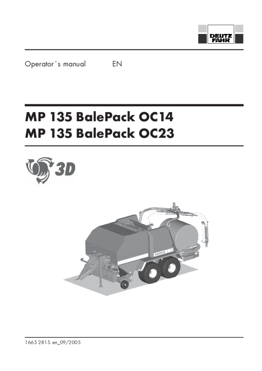 Deutz-Fahr MP 135 BalePack OC14 - OC23 Baler-wrapper chamber 2002 Operation Maintenance Manual PDF download