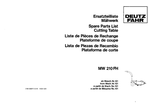 Deutz-Fahr MW 210 FH Ersatzteilenlist Parts Manual Catalog Pdf Download