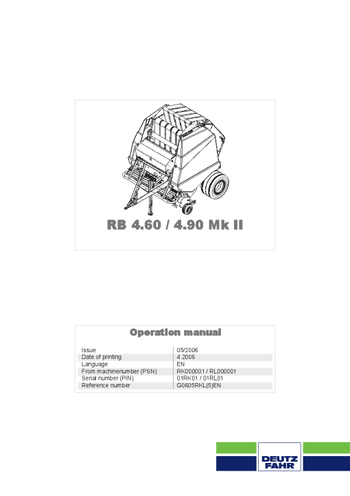 Deutz-Fahr RB 4.60 4.90 - MK II Balers Round Variable chamber 2006 Operation Maintenance Manual PDF download