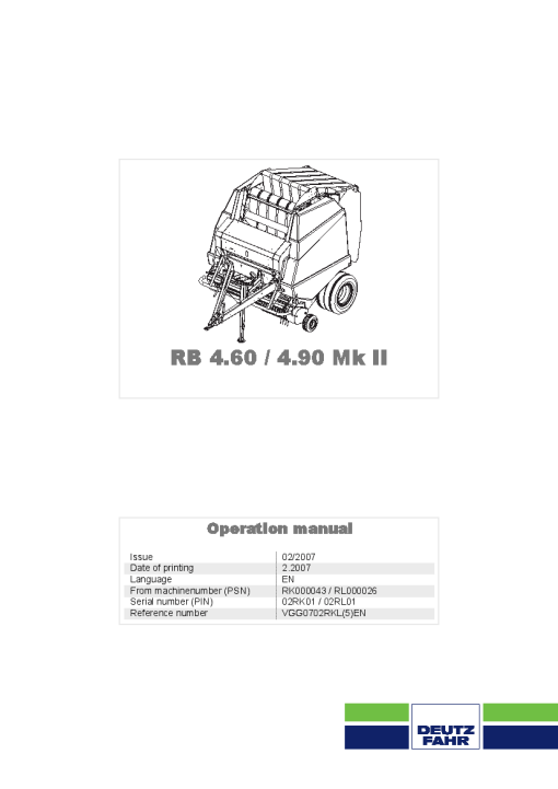 Deutz-Fahr RB 4.60 4.90 MK II Balers Round Variable chamber 2007 Operation Maintenance Manual PDF download