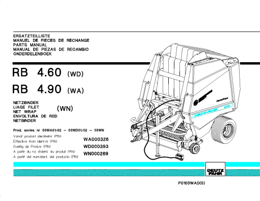 Deutz-Fahr RB 4.60 (WD) RB 4.90 (WA) Balers Round Variable chamber 2001 Parts Manual Catalog Pdf Download