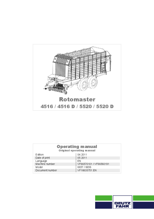 Deutz-Fahr-ROTOMASTER 4516 4516D 5520 5520D Conveyer Rotor 2011 Operation Maintenance Manual PDF download