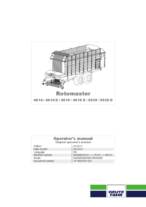 Deutz-Fahr Rotomaster 4014 4014D 4516 4516D Conveyer Rotor 2015 Operation Maintenance Manual PDF download