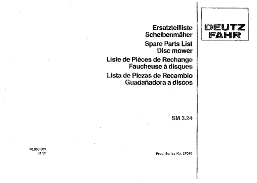 Deutz-Fahr SM 3.24 Mower 1992 SN 27046 Parts Manual Catalog Pdf Download