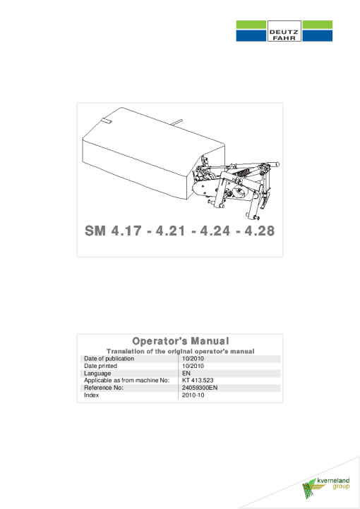 Deutz-Fahr SM 4.17 4.21 4.24 4.28 Mower 2011 Operation Maintenance Manual PDF download