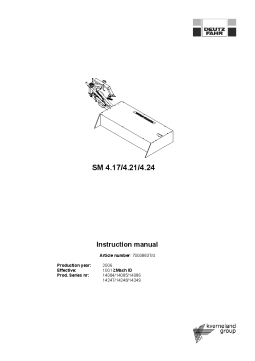 Deutz-Fahr SM 4.17 4.21 4.24 Mower 2006 Operation Maintenance Manual PDF download