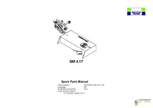 Deutz-Fahr SM 4.17 Mower 2011 SN 415800 Parts Manual Catalog Pdf Download