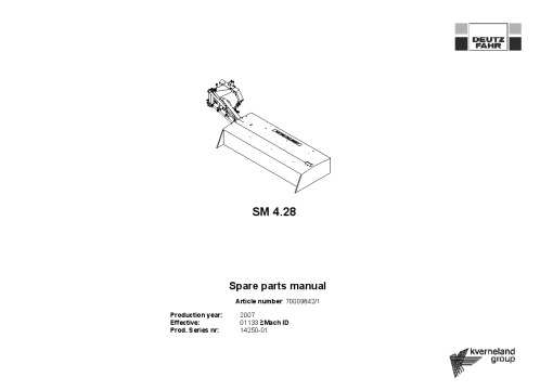 Deutz-Fahr SM4.28 Mower 2007 14250-01 Parts Manual Catalog Pdf Download