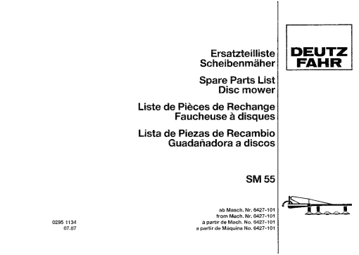 Deutz-Fahr SM55 Mower 1987 Parts Manual Catalog Pdf Download