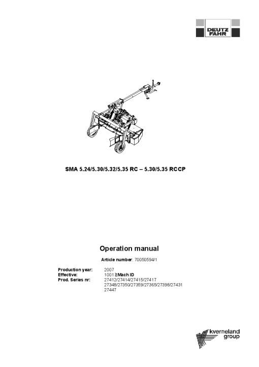Deutz-Fahr SMA 5.24 5.30 5.32 5.35 -RC 5.30 5.35 RCCP Mower 2007 Operation Maintenance Manual PDF download