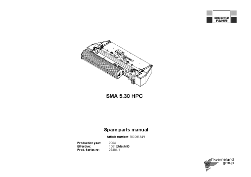 Deutz-Fahr SMA 5.30 HPC Mower 2004 27404-1 Parts Manual Catalog Pdf Download