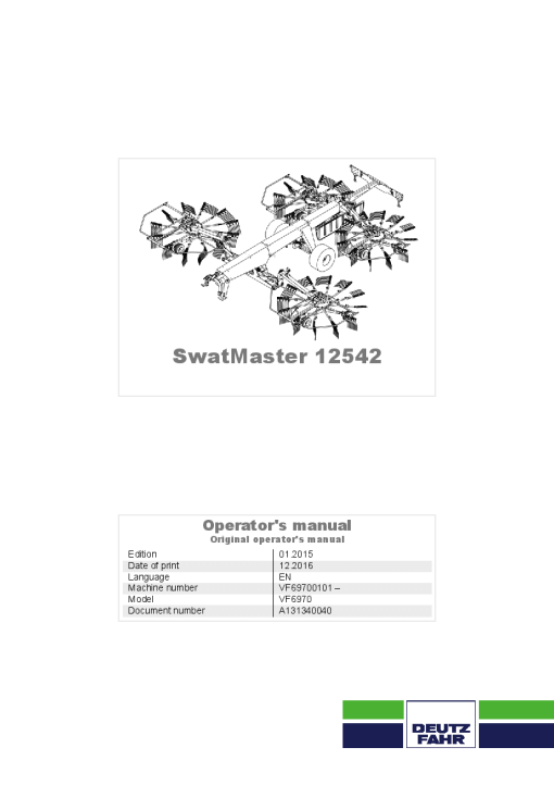 Deutz-Fahr SwatMaster 12542 Rakes 2015- Operation Maintenance Manual PDF download