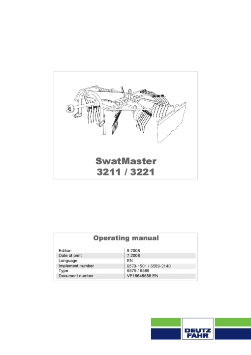 Deutz-Fahr SwatMaster 3211 3221 Rakes 2008 Sn 6579 6589 Operation Maintenance Manual PDF download