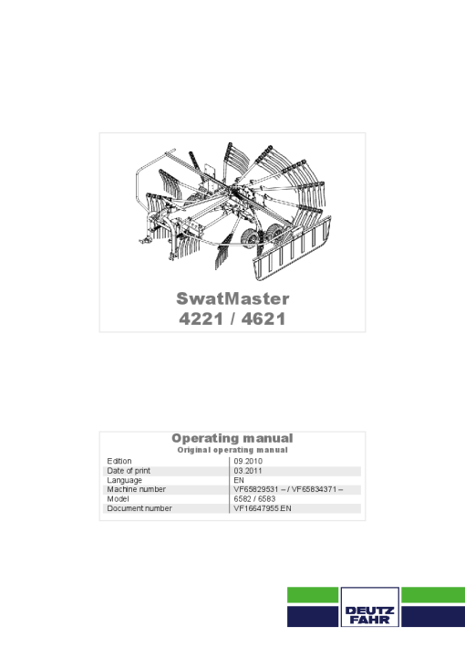 Deutz-Fahr SwatMaster 4221 4621 Rakes 2010 Operation Maintenance Manual PDF download