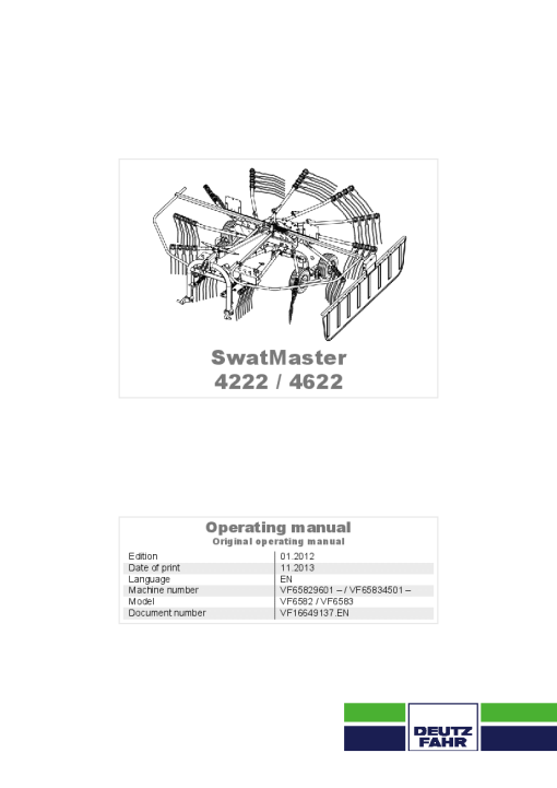 Deutz-Fahr SwatMaster 4222 4622 Rakes 2013 Operation Maintenance Manual PDF download
