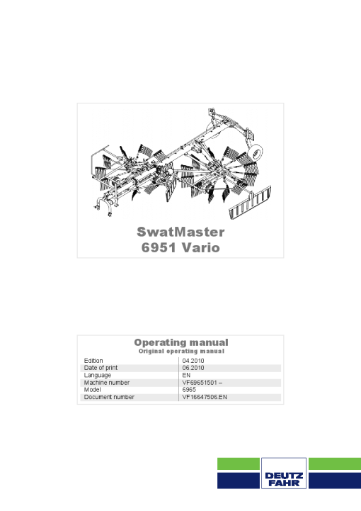Deutz-Fahr SwatMaster 6951 Evo Rakes 2010 Operation Maintenance Manual PDF download