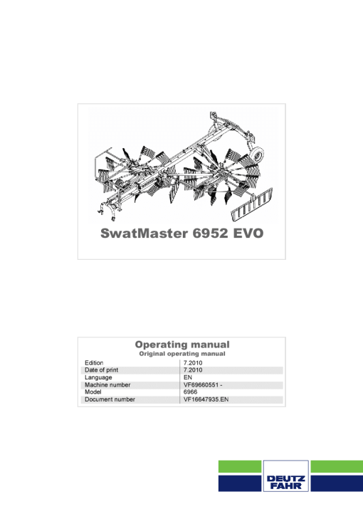 Deutz-Fahr SwatMaster 6952 Evo Rakes 2010 Operation Maintenance Manual PDF download