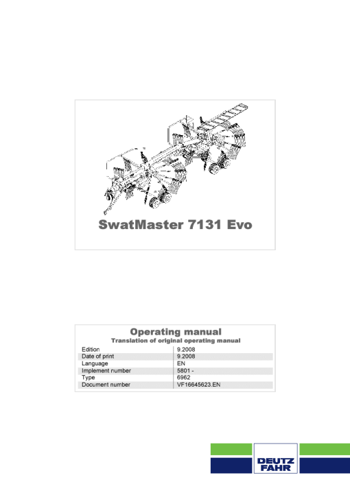 Deutz-Fahr SwatMaster 7131 EVO Rakes 2008 Operation Maintenance Manual PDF download