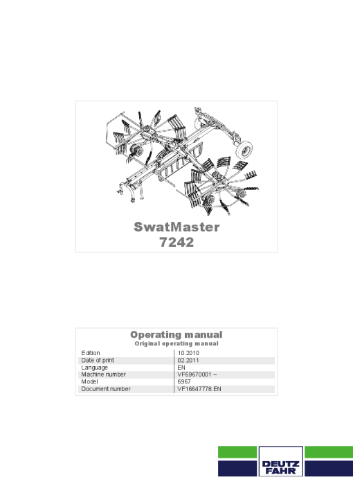 Deutz-Fahr SwatMaster 7242 Rakes 2010 Sn VF69670001- Operation Maintenance Manual PDF download
