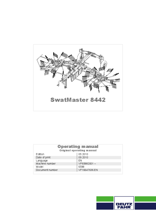 Deutz-Fahr SwatMaster 8442 Rakes 2010 Sn VF65882001- Operation Maintenance Manual PDF download