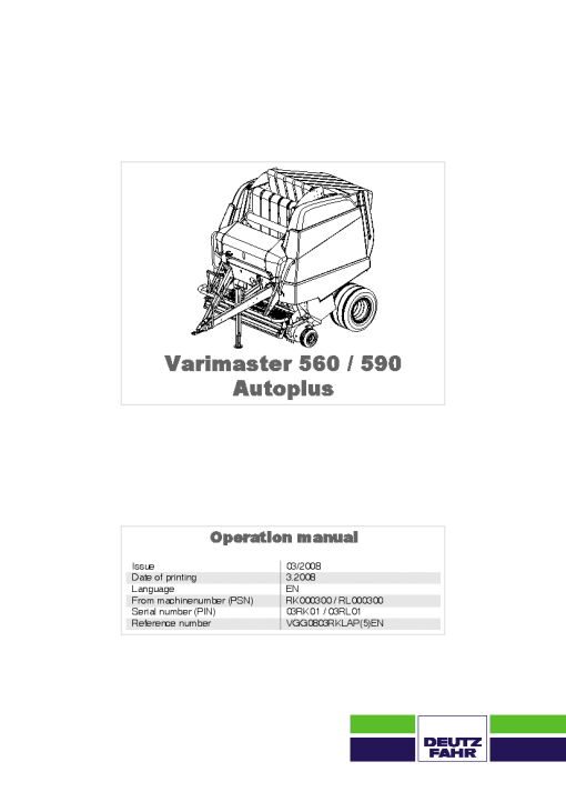 Deutz-Fahr VM 560 590 Auto Plus Balers Round Variable chamber 2007-2008 Operation Maintenance Manual PDF download