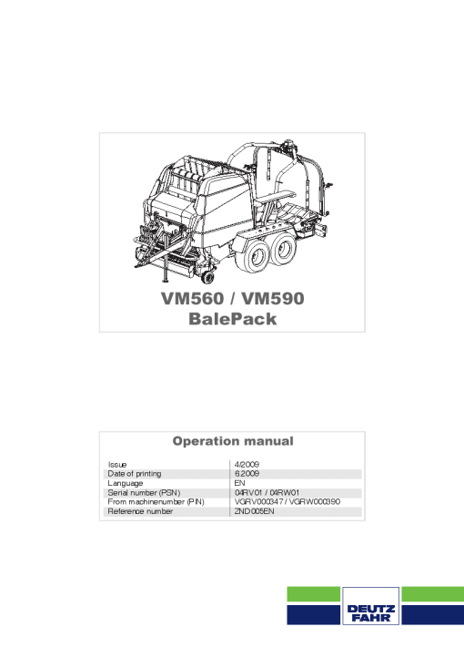 Deutz-Fahr VM 560 VM 590 BalePack Baler-wrapper chamber 2009 Operation Maintenance Manual PDF download