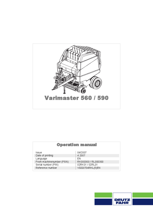 Deutz-Fahr Varimaster 560 590 Auto Plus Balers Round Variable chamber 2007 Operation Maintenance Manual PDF download