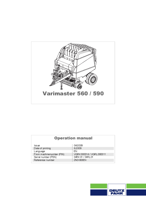 Deutz-Fahr Varimaster 560 590 Auto Plus Balers Round Variable chamber 2010 Operation Maintenance Manual PDF download