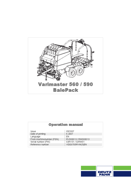Deutz-Fahr Varimaster 560- 590 BalePack Baler-wrapper chamber 2007 Operation Maintenance Manual PDF download