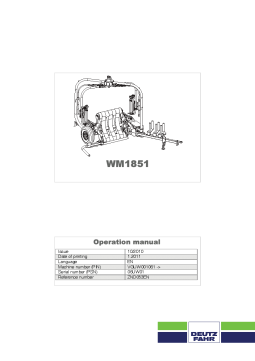 Deutz-Fahr WM1851 Bale wrapper 2010 Operation Maintenance Manual PDF download