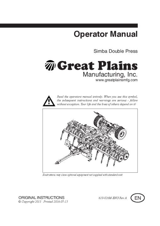 Simba Double Press 610-026M 2013 Operation Maintenance Manual PDF download