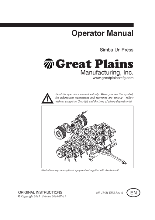 Simba Great Plains UniPress Operation Maintenance Manual PDF download