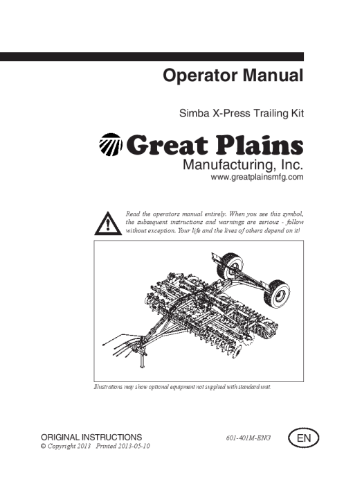 Simba Great Plains X Press -Trailing Kit 2013- Operation Maintenance Manual PDF download