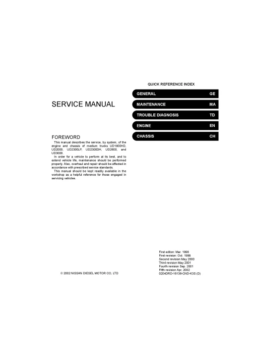 UD1800HD, UD2000, UD2300LP, UD2300DH, UD2600, UD3000 Trucks Service Workshop manual PDF download