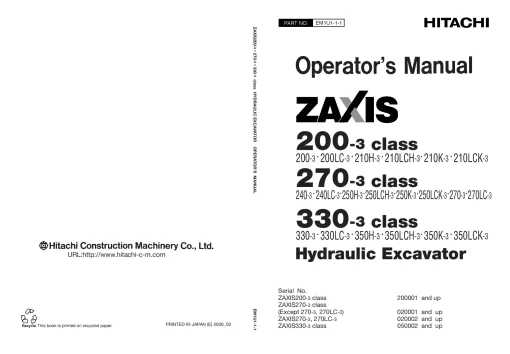 Hitachi ZX 200-3 210-3 240-3 250-3 270-3 330-3 350-3 Operation Maintenance Manual PDF download