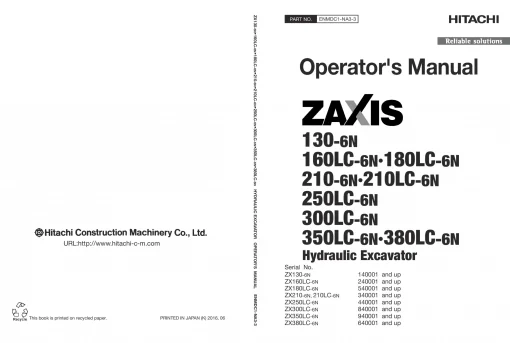Hitachi ZX130-6N ZX160LC ZX180LC ZX210 ZX250LC ZX300LC ZX350LC ZX380LC Operation Maintenance Manual PDF download