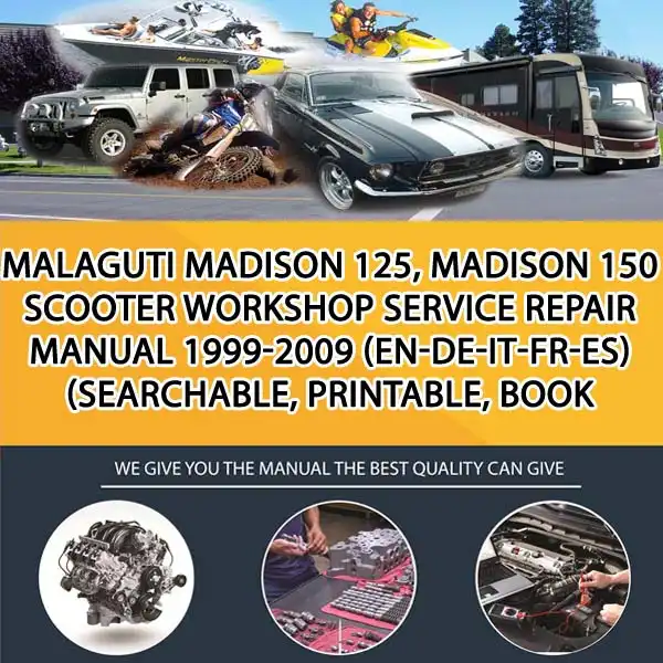 Malaguti Madison 125, Madison 150 Scooter Workshop Service Repair Manual 1999-2009 (En-De-It-Fr-Es) (Searchable, Printable, Book (MT032681)